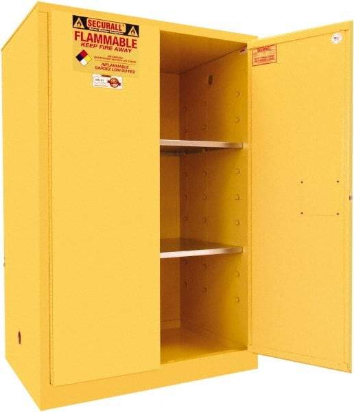 Securall Cabinets - 2 Door, 2 Shelf, Yellow Steel Standard Safety Cabinet for Flammable and Combustible Liquids - 65" High x 43" Wide x 31" Deep, Manual Closing Door, 3 Point Key Lock, 90 Gal Capacity - Apex Tool & Supply