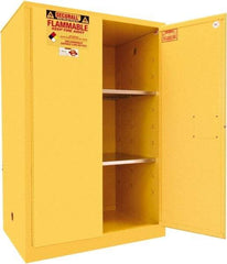 Securall Cabinets - 2 Door, 2 Shelf, Yellow Steel Standard Safety Cabinet for Flammable and Combustible Liquids - 65" High x 43" Wide x 31" Deep, Manual Closing Door, 3 Point Key Lock, 90 Gal Capacity - Apex Tool & Supply