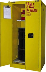 Securall Cabinets - 31" Wide x 31" Deep x 67" High, 18 Gauge Steel Vertical Drum Cabinet with 3 Point Key Lock - Yellow, Self-Closing Door, 1 Shelf, 1 Drum, Drum Rollers Included - Apex Tool & Supply