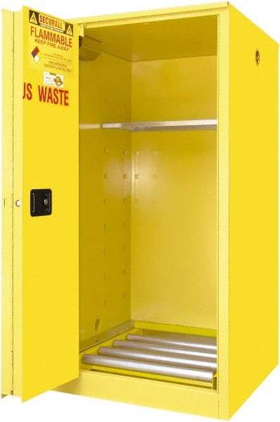 Securall Cabinets - 34" Wide x 34" Deep x 65" High, 18 Gauge Steel Vertical Drum Cabinet with 3 Point Key Lock - Yellow, Self-Closing Door, 1 Shelf, 1 Drum, Drum Rollers Included - Apex Tool & Supply