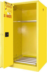 Securall Cabinets - 34" Wide x 34" Deep x 65" High, 18 Gauge Steel Vertical Drum Cabinet with 3 Point Key Lock - Yellow, Self-Closing Door, 1 Shelf, 1 Drum, Drum Rollers Included - Apex Tool & Supply