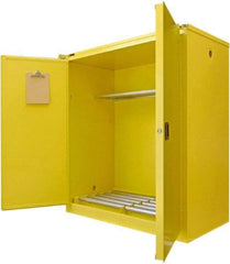 Securall Cabinets - 56" Wide x 31" Deep x 67" High, 18 Gauge Steel Vertical Drum Cabinet with 3 Point Key Lock - Yellow, Self-Closing Door, 1 Shelf, 2 Drums, Drum Rollers Included - Apex Tool & Supply