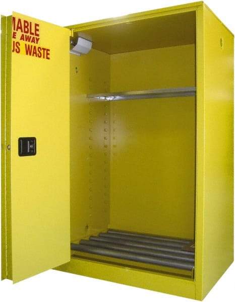 Securall Cabinets - 43" Wide x 31" Deep x 65" High, 18 Gauge Steel Vertical Drum Cabinet with 3 Point Key Lock - Yellow, Self-Closing Door, 1 Shelf, 2 Drums, Drum Rollers Included - Apex Tool & Supply