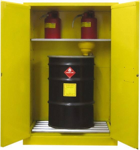 Securall Cabinets - 43" Wide x 31" Deep x 67" High, 18 Gauge Steel Vertical Drum Cabinet with 3 Point Key Lock - Yellow, Self-Closing Door, 1 Shelf, 2 Drums, Drum Rollers Included - Apex Tool & Supply