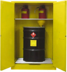 Securall Cabinets - 43" Wide x 31" Deep x 67" High, 18 Gauge Steel Vertical Drum Cabinet with 3 Point Key Lock - Yellow, Self-Closing Door, 1 Shelf, 2 Drums, Drum Rollers Included - Apex Tool & Supply