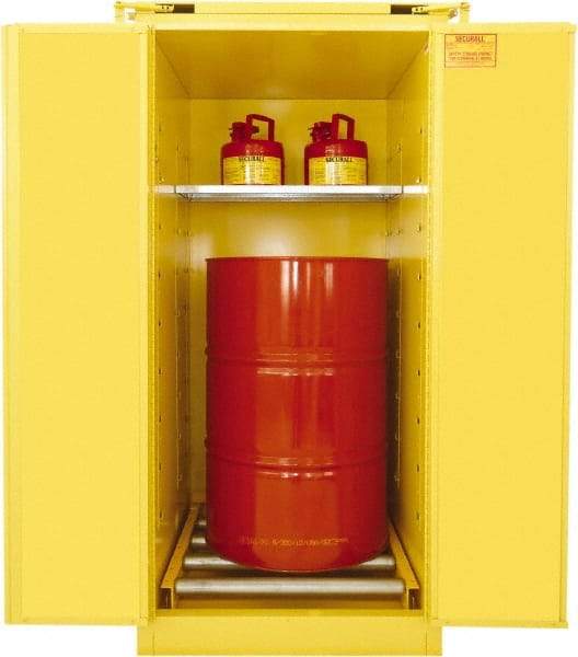 Securall Cabinets - 31" Wide x 31" Deep x 67" High, 18 Gauge Steel Vertical Drum Cabinet with 3 Point Key Lock - Yellow, Self-Closing Door, 1 Shelf, 1 Drum, Drum Rollers Included - Apex Tool & Supply