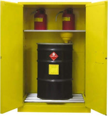 Securall Cabinets - 43" Wide x 31" Deep x 65" High, 18 Gauge Steel Vertical Drum Cabinet with 3 Point Key Lock - Yellow, Sliding Door Door, 1 Shelf, 2 Drums, Drum Rollers Included - Apex Tool & Supply