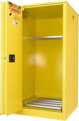 Securall Cabinets - 34" Wide x 34" Deep x 65" High, 18 Gauge Steel Vertical Drum Cabinet with 3 Point Key Lock - Yellow, Sliding Door Door, 1 Shelf, 1 Drum, Drum Rollers Included - Apex Tool & Supply