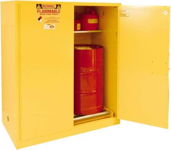 Securall Cabinets - 56" Wide x 31" Deep x 65" High, 18 Gauge Steel Vertical Drum Cabinet with 3 Point Key Lock - Yellow, Manual Closing Door, 3 Shelves, 1 Drum, Drum Rollers Included - Apex Tool & Supply