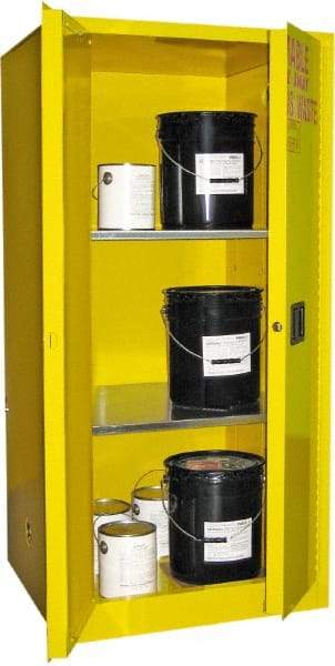 Securall Cabinets - 2 Door, 2 Shelf, Yellow Steel Standard Safety Cabinet for Flammable and Combustible Liquids - 65" High x 31" Wide x 31" Deep, Manual Closing Door, 3 Point Key Lock, 60 Gal Capacity - Apex Tool & Supply