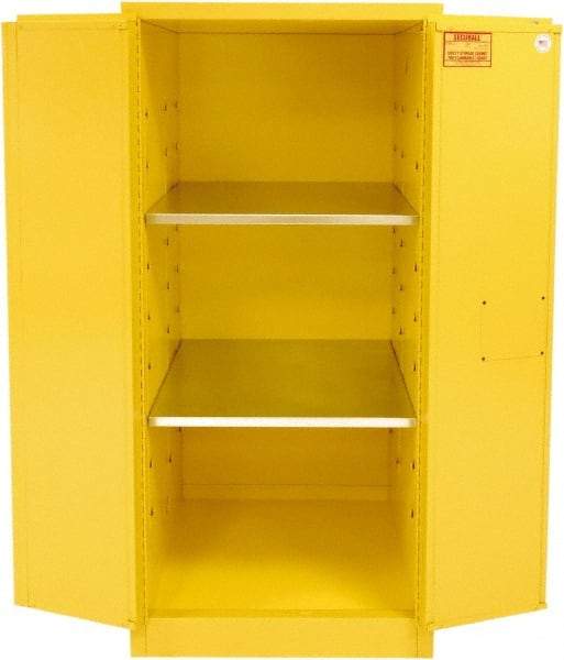 Securall Cabinets - 2 Door, 2 Shelf, Yellow Steel Standard Safety Cabinet for Flammable and Combustible Liquids - 65" High x 31" Wide x 31" Deep, Manual Closing Door, 3 Point Key Lock, 60 Gal Capacity - Apex Tool & Supply