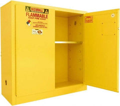Securall Cabinets - 2 Door, 1 Shelf, Yellow Steel Standard Safety Cabinet for Flammable and Combustible Liquids - 44" High x 43" Wide x 18" Deep, Manual Closing Door, 3 Point Key Lock, 30 Gal Capacity - Apex Tool & Supply