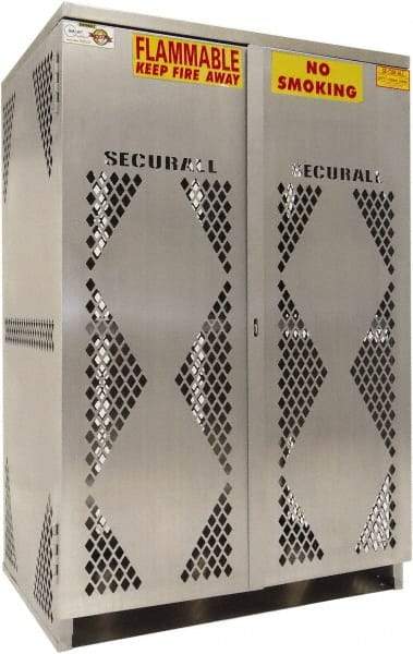 Securall Cabinets - 2 Door, 4 Shelf, Silver Aluminum Standard Safety Cabinet for Flammable and Combustible Liquids - 65" High x 60" Wide x 32" Deep, Manual Closing Door, Padlockable Hasp, 20 or 33 Lb Cylinder Capacity - Apex Tool & Supply
