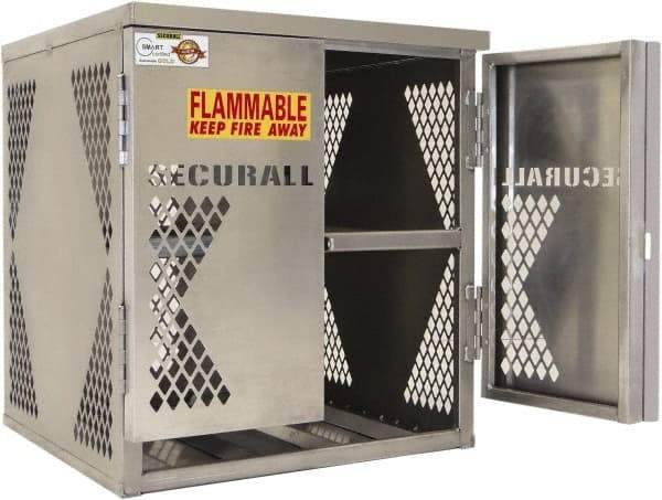 Securall Cabinets - 2 Door, 2 Shelf, Silver Aluminum Standard Safety Cabinet for Flammable and Combustible Liquids - 33" High x 30" Wide x 32" Deep, Manual Closing Door, Padlockable Hasp, 20 or 33 Lb Cylinder Capacity - Apex Tool & Supply