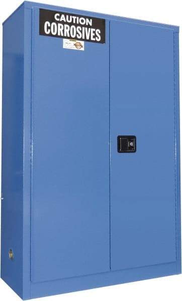 Securall Cabinets - 2 Door, 2 Shelf, Blue Steel Standard Safety Cabinet for Corrosive Chemicals - 65" High x 43" Wide x 18" Deep, Manual Closing Door, 3 Point Key Lock, 45 Gal Capacity - Apex Tool & Supply