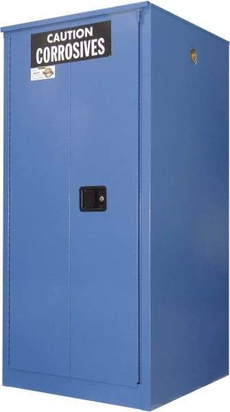 Securall Cabinets - 2 Door, 2 Shelf, Blue Steel Standard Safety Cabinet for Corrosive Chemicals - 65" High x 34" Wide x 34" Deep, Sliding Door, 3 Point Key Lock, 60 Gal Capacity - Apex Tool & Supply