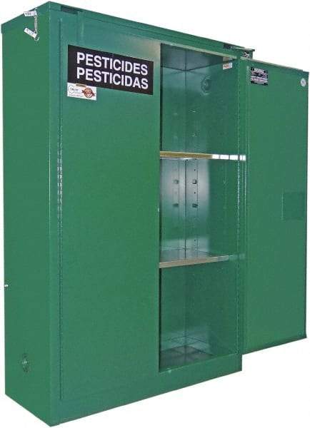 Securall Cabinets - 2 Door, 1 Shelf, Green Steel Standard Safety Cabinet for Flammable and Combustible Liquids - 67" High x 31" Wide x 31" Deep, Self Closing Door, 3 Point Key Lock, 60 Gal Capacity - Apex Tool & Supply