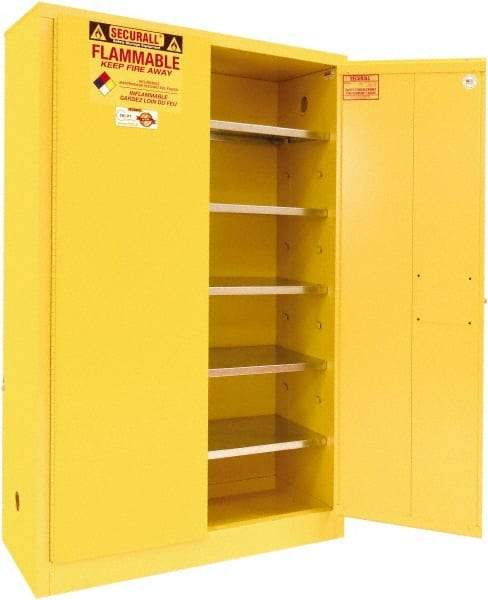 Securall Cabinets - 2 Door, 5 Shelf, Yellow Steel Standard Safety Cabinet for Flammable and Combustible Liquids - 65" High x 43" Wide x 18" Deep, Manual Closing Door, 3 Point Key Lock, 60 Gal Capacity - Apex Tool & Supply