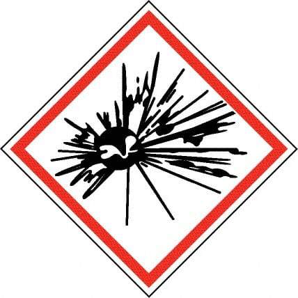 NMC - Hazardous Materials Label, Header: Explosive Warning - Legend: GHS - Graphic, English, Black & Red, 4" Long x 4" High, No Coating - Apex Tool & Supply