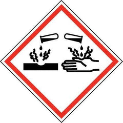 NMC - Hazardous Materials Label, Header: Corrosive Warning - Legend: GHS - Graphic, English, Black & Red, 4" Long x 4" High, No Coating - Apex Tool & Supply