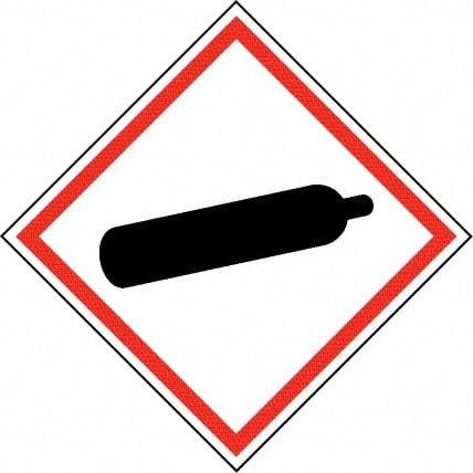 NMC - Hazardous Materials Label, Header: Compressed Gas Warning - Legend: GHS - Graphic, English, Black & Red, 4" Long x 4" High, No Coating - Apex Tool & Supply
