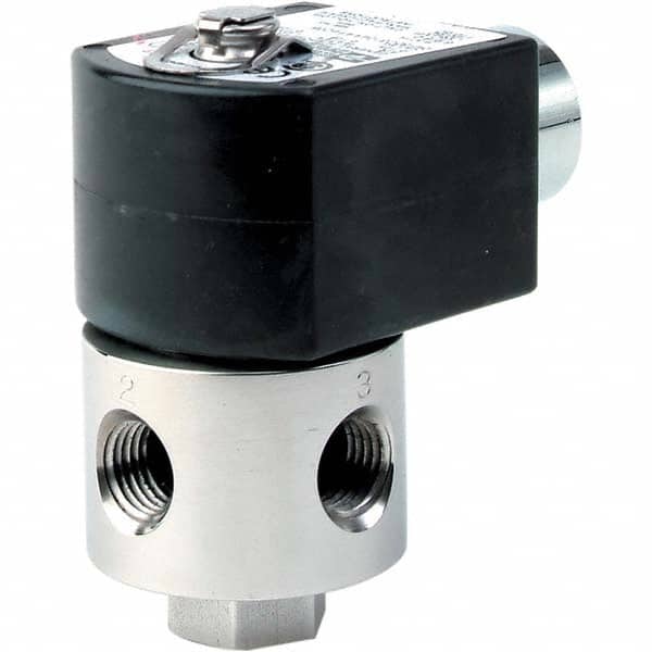 Parker - 120/60 - 110/50 VAC 1/4" NPT Port Stainless Steel Three-Way Direct Acting Solenoid Valve - Apex Tool & Supply