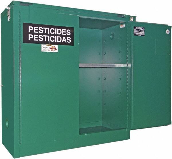 Securall Cabinets - 2 Door, 1 Shelf, Green Steel Standard Safety Cabinet for Flammable and Combustible Liquids - 46" High x 43" Wide x 18" Deep, Self Closing Door, 3 Point Key Lock, 30 Gal Capacity - Apex Tool & Supply