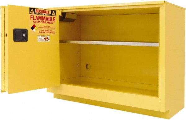 Securall Cabinets - 2 Door, 1 Shelf, Yellow Steel Under the Counter Safety Cabinet for Flammable and Combustible Liquids - 35-5/8" High x 59" Wide x 22" Deep, Sliding Door, 3 Point Key Lock, 44 Gal Capacity - Apex Tool & Supply