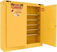 Securall Cabinets - 2 Door, 5 Shelf, Yellow Steel Wall Mount Safety Cabinet for Flammable and Combustible Liquids - 46" High x 43" Wide x 12" Deep, Self Closing Door, 3 Point Key Lock, 24 Gal Capacity - Apex Tool & Supply