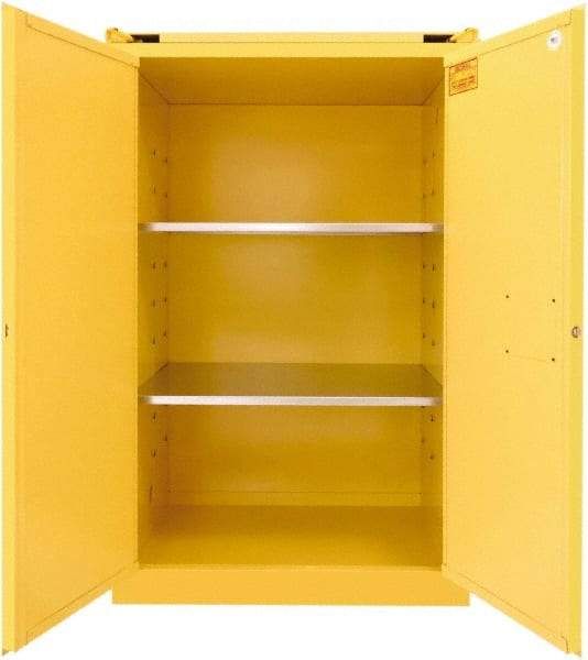 Securall Cabinets - 2 Door, 2 Shelf, Yellow Steel Standard Safety Cabinet for Flammable and Combustible Liquids - 67" High x 43" Wide x 31" Deep, Self Closing Door, 3 Point Key Lock, 90 Gal Capacity - Apex Tool & Supply