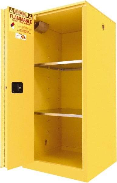 Securall Cabinets - 2 Door, 2 Shelf, Yellow Steel Standard Safety Cabinet for Flammable and Combustible Liquids - 65" High x 31" Wide x 31" Deep, Sliding Door, 3 Point Key Lock, 60 Gal Capacity - Apex Tool & Supply