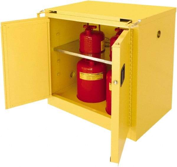 Securall Cabinets - 2 Door, 1 Shelf, Yellow Steel Standard Safety Cabinet for Flammable and Combustible Liquids - 37" High x 36" Wide x 24" Deep, Self Closing Door, 3 Point Key Lock, 30 Gal Capacity - Apex Tool & Supply