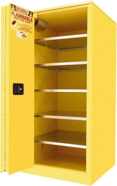 Securall Cabinets - 2 Door, 5 Shelf, Yellow Steel Standard Safety Cabinet for Flammable and Combustible Liquids - 65" High x 31" Wide x 31" Deep, Sliding Door, 3 Point Key Lock, 120 Gal Capacity - Apex Tool & Supply