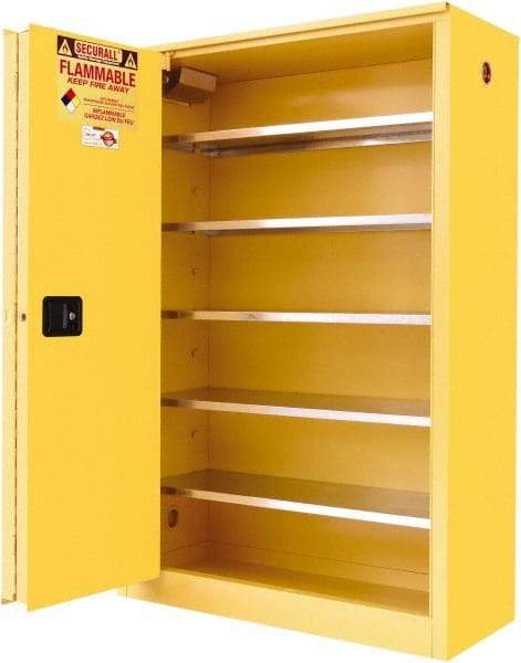 Securall Cabinets - 2 Door, 5 Shelf, Yellow Steel Standard Safety Cabinet for Flammable and Combustible Liquids - 65" High x 43" Wide x 18" Deep, Sliding Door, 3 Point Key Lock, 60 Gal Capacity - Apex Tool & Supply