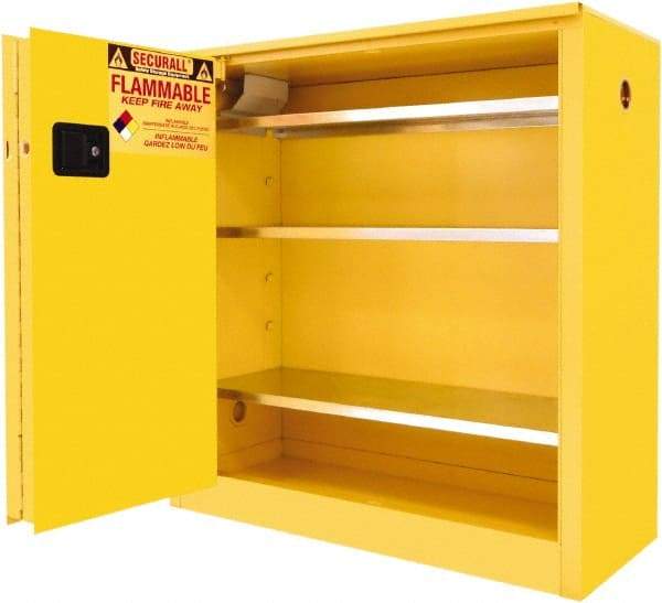 Securall Cabinets - 2 Door, 3 Shelf, Yellow Steel Standard Safety Cabinet for Flammable and Combustible Liquids - 44" High x 43" Wide x 18" Deep, Sliding Door, 3 Point Key Lock, 40 Gal Capacity - Apex Tool & Supply