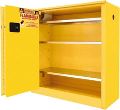 Securall Cabinets - 2 Door, 3 Shelf, Yellow Steel Standard Safety Cabinet for Flammable and Combustible Liquids - 44" High x 43" Wide x 18" Deep, Sliding Door, 3 Point Key Lock, 40 Gal Capacity - Apex Tool & Supply