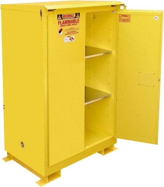 Securall Cabinets - 2 Door, 2 Shelf, Yellow Steel Standard Safety Cabinet for Flammable and Combustible Liquids - 71" High x 43" Wide x 31" Deep, Self Closing Door, 3 Point Key Lock, 90 Gal Capacity - Apex Tool & Supply