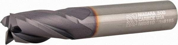 Niagara Cutter - 1/2", 1" LOC, 1/2" Shank Diam, 3" OAL, 4 Flute, Solid Carbide Square End Mill - Single End, TiAlN Finish, Spiral Flute, 30° Helix, Centercutting, Right Hand Cut, Right Hand Flute, Series C430 - Apex Tool & Supply