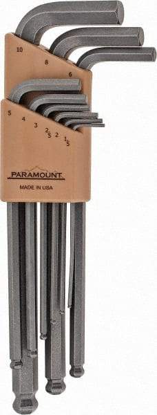 Paramount - 9 Piece L-Key Ball End Hex Key Set - Hex Range 1.5 to 10mm, 7-1/4" OAL, Steel - Apex Tool & Supply