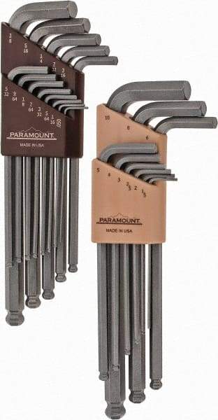 Paramount - 22 Piece L-Key Ball End Hex Key Set - Hex Range 0.05 to 3/8", 7-1/4" OAL, Steel - Apex Tool & Supply