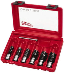 Milwaukee Tool - 6 Piece, 9/16 to 1-1/16" Cutter Diam, 1" Cutting Depth, Steel Annular Cutter Set - Bright Finish, 3/4" Shank Diam, 9/16, 5/8, 11/16, 13/16, 15/16, 1-1/16" Cutter Diams, 2 Flats on Shank - Apex Tool & Supply