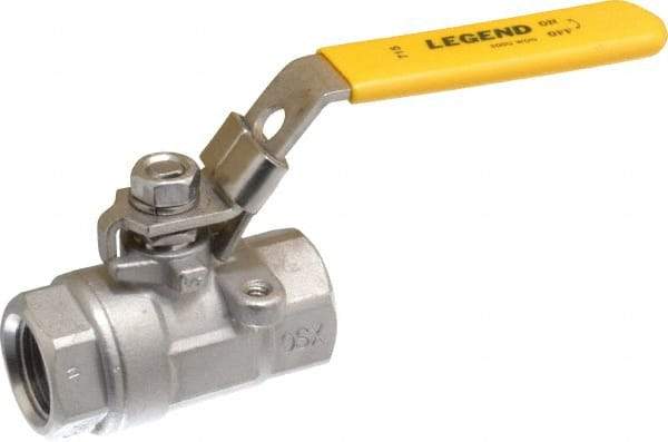 Legend Valve - 1/2" Pipe, Large Port, Stainless Steel Standard Ball Valve - 2 Piece, Inline - One Way Flow, FNPT x FNPT Ends, Locking Lever Handle, 2,000 WOG, 150 WSP - Apex Tool & Supply