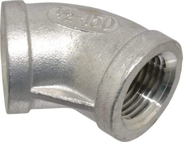 Merit Brass - 1/2" Grade 304 Stainless Steel Pipe 45° Elbow - FNPT x FNPT End Connections, 150 psi - Apex Tool & Supply