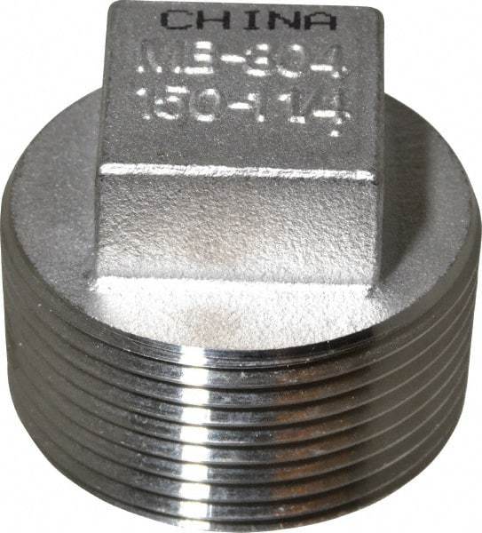 Merit Brass - 1-1/4" Grade 304 Stainless Steel Pipe Square Head Plug - MNPT End Connections, 150 psi - Apex Tool & Supply