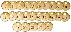 Value Collection - 1-1/2" High x 1-1/2" Long, 1 to 25, English Safety & Facility Numbered Tag - 1 Side, Brass - Apex Tool & Supply