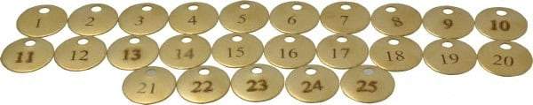 Value Collection - 1" High x 1" Long, 1 to 25, English Safety & Facility Numbered Tag - 1 Side, Brass - Apex Tool & Supply