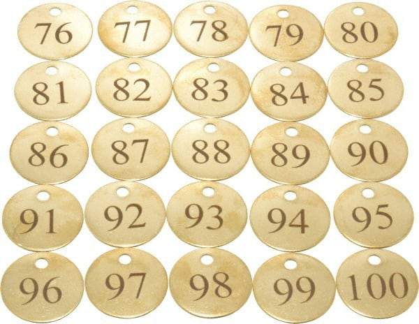 Value Collection - 1-1/4" High x 1-1/4" Long, 76 to 100, English Safety & Facility Numbered Tag - 1 Side, Brass - Apex Tool & Supply