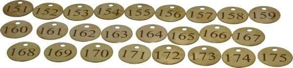 Value Collection - 1-1/4" High x 1-1/4" Long, 151 to 175, English Safety & Facility Numbered Tag - 1 Side, Brass - Apex Tool & Supply