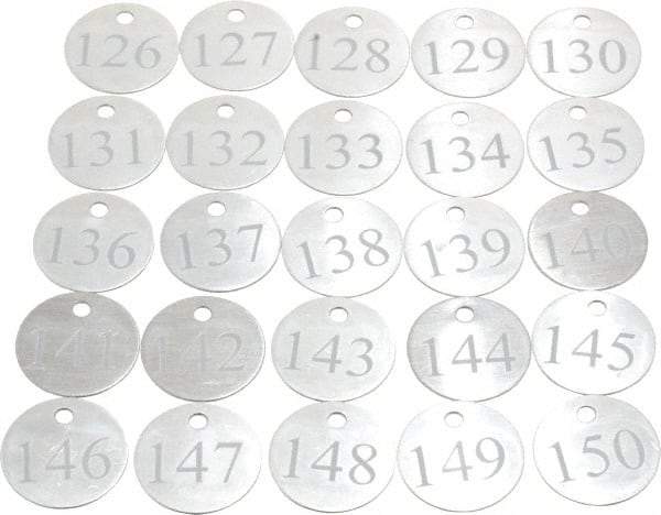 Value Collection - 1-1/4" High x 1-1/4" Long, 126 to 150, English Safety & Facility Numbered Tag - 1 Side, Aluminum - Apex Tool & Supply
