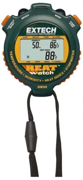 Extech - Digital Thermometer Stopwatch Clock - 8 Functions, 1/100 Sec Resolution, Green - Apex Tool & Supply